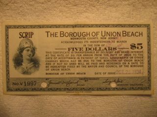 American Bank Note 1934 $5 Borough Of Union Beach,  Nj 3% Interest Tax Dollar photo