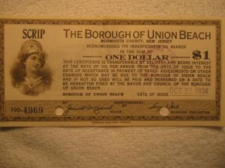 American Bank Note 1934 $1 Borough Of Union Beach,  Nj 3% Interest Tax Dollar photo