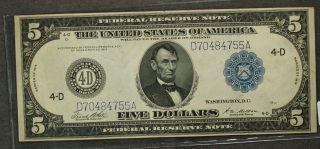 1914 $5 Lincoln Federal Reserve Note 4 - D Cleveland,  Oh Fr 859c photo