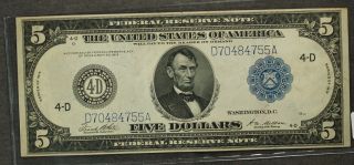 1914 $5 Lincoln Federal Reserve Note 4 - D Cleveland,  Oh Fr 859c photo