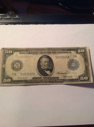 United States Series Of 1914 Blue Seal Fifty Dollar ($50.  00) Federal Reserve photo
