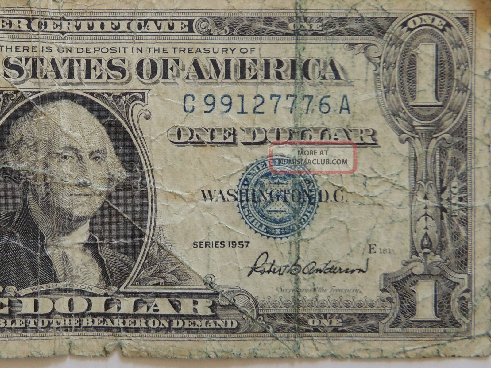 1957 One Dollar Silver Certificate Blue Seal Series C Full House Note