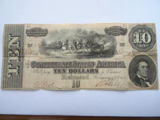 1864 $10 Dollars Confederate Currency Circulated photo