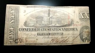 Rare 1863 Richmond Va.  Csa Obsolete Civil War $20 Dollar Note Double Xx photo