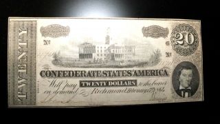 Scarce 1864 Richmond Va.  Csa Obsolete Civil War $20 Dollar Note photo