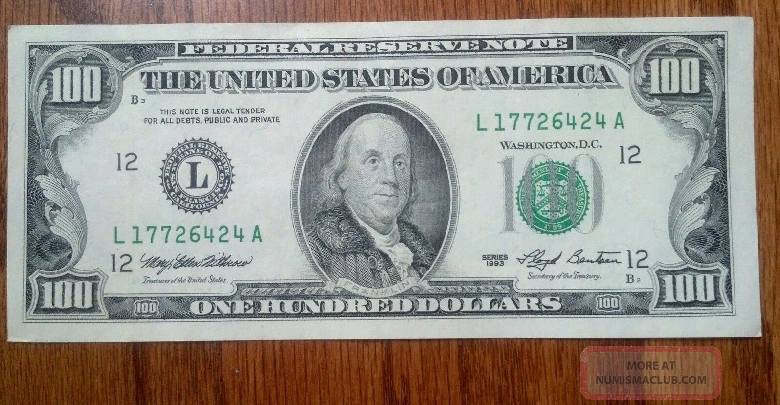 1990 Us 100 Dollar Bill San Francisco, L17726424a Crisp