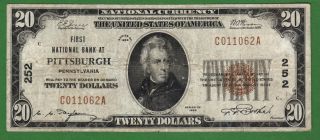 {pittsburgh} $20 First National Bank At Pittsburgh Pa Ch 252 Vf+ photo