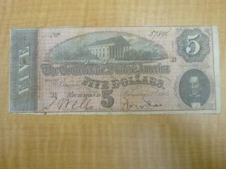 1864 $5 Dollars Treasury Va Richmond Confederate Bank Note Civil War Era 3604 photo