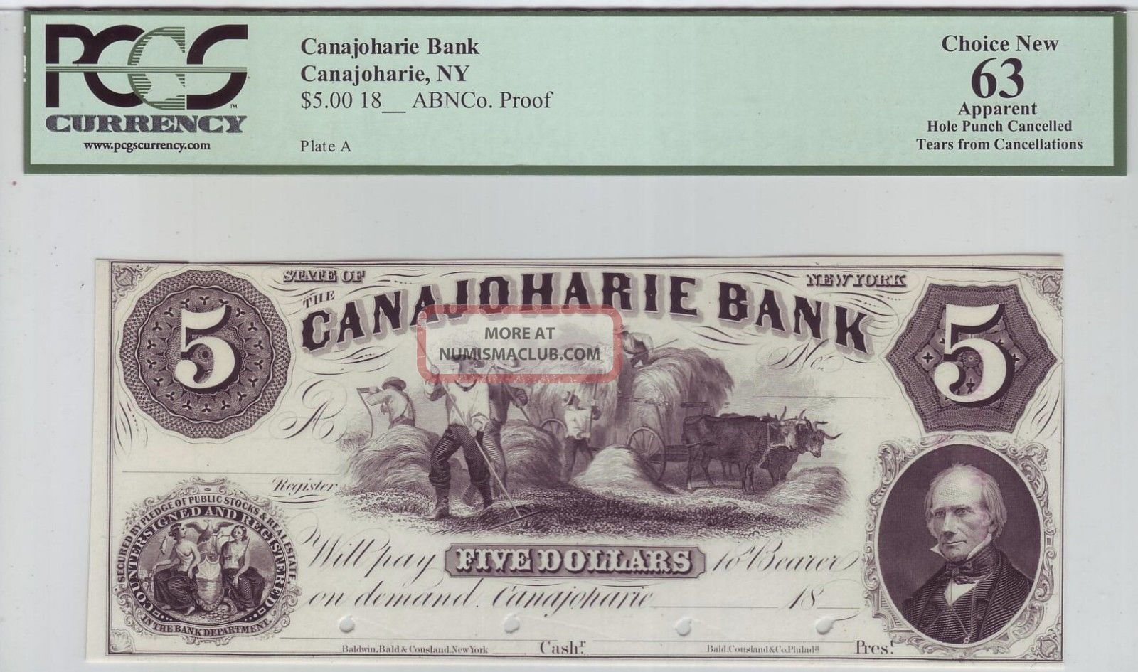 Canajoharie Bank 5 Canajoharie, Ny Abnco. Proof Pcgs Graded Choice 63