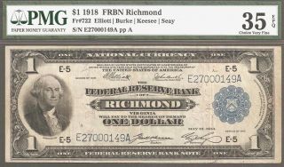 1918 Large - Size $1 Dollar Frbn Richmond Elliott & Burke Fr - 722 Pmg Vf - 35 Epq photo