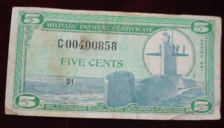 Military Payment Certificate 5 Cents Series 681,  Replacement Note Fine + photo