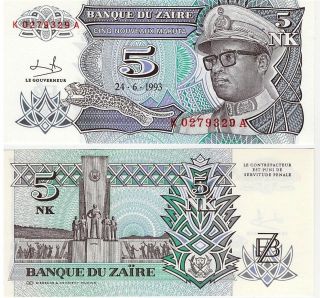 Zaire 5 Nouveau Makuta P - 48,  1993 Unc Banknote Africa photo