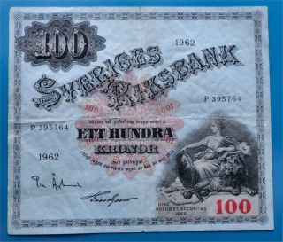 § Sweden 100 Kronor 1962,  Big Banknote,  Fine/very Fine photo