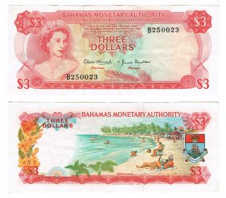 Bahamas - 3 Dollars Banknote,  1968 P28a.  Serial 250023 photo