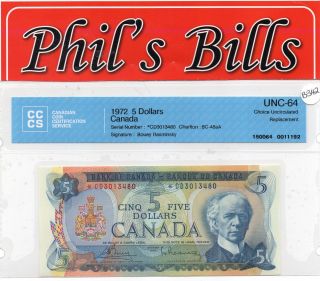 1972 $5 Bank Of Canada Unc - 64 Replacement S : Cd3013480 Bc - 48aa Bou/ras B342 photo