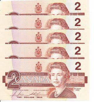 5 X 1986 Canadian Paper Money $2 Dollar Bill Crisp,  Uncirculated& In Sequence photo