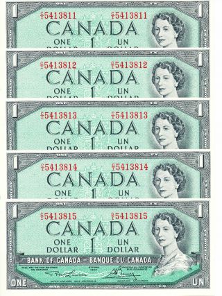 5 X 1954 Canadian Paper Money $1 Dollar Bills Crisp,  Uncirculated & In Sequence photo