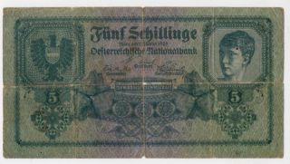 Austria 5 Schilling 1925 Vg Rare Banknote photo