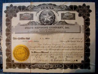 1922 Texas Refining Co.  Inc.  Stock Certificate Dallas,  Texas 957 Ship photo