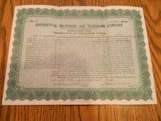 Stock Certificate Continental Telephone And Telegraph Company 1910 photo