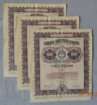 3x Argentine Argentina Creditointerno 1956 100$ Consecutive Numbers Uncancelled photo