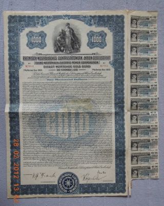 Germany Westphalia Electric Power 1925 1000$ Gold Bond 12 Coupons,  Uncancelled photo