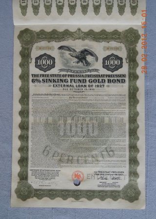 Germany State Of Prussia 1927,  1000$ Gold Bond Hole - Cancelled York Trust photo