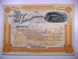 1893 Stock Cert City Railway Co Of Dayton Ohio 100 Sh Vig Elec Trolley Rev Stamp photo