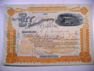 1902 Stock Cert City Railway Co Of Dayton Ohio 70 Sh Vig Elec Trolley Rev Stamp photo