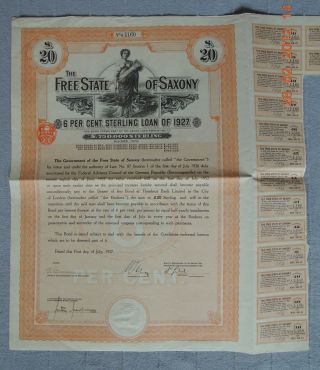 Germany State Of Saxony 6% Sterling Loan 1927,  20£,  15 Coupons Uncancelled photo