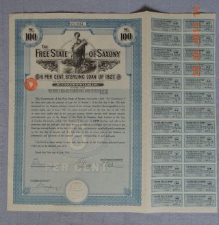Germany State Of Saxony 6% Sterling Loan 1927,  100£ 26 Coupons Uncancelled photo