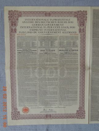 Germany Internat Government Bond 1930 1000 Swiss Francs 41 Coupons,  Uncancelled photo