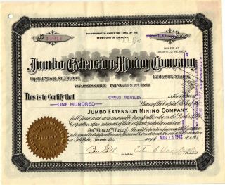 1912 Territory Of Az Jumbo Extension Minning Co Stock Certificate photo