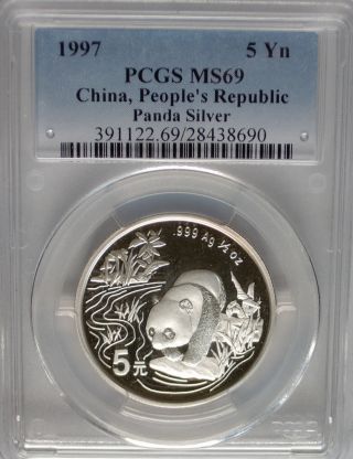 Pcgs 1997 China Panda 5¥ Yuan Coin Ms69 Crossing Stream Prc Silver 1/2 Oz 999 Bu photo