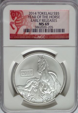Ngc 2014 Tokelau Lunar Horse $5 Coin Ms69 Silver 1oz 999 Er Made In The Us Idaho photo
