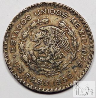 1958 Circulated Mexico Un 1 Peso 10% Silver.  0514 Asw 6 photo