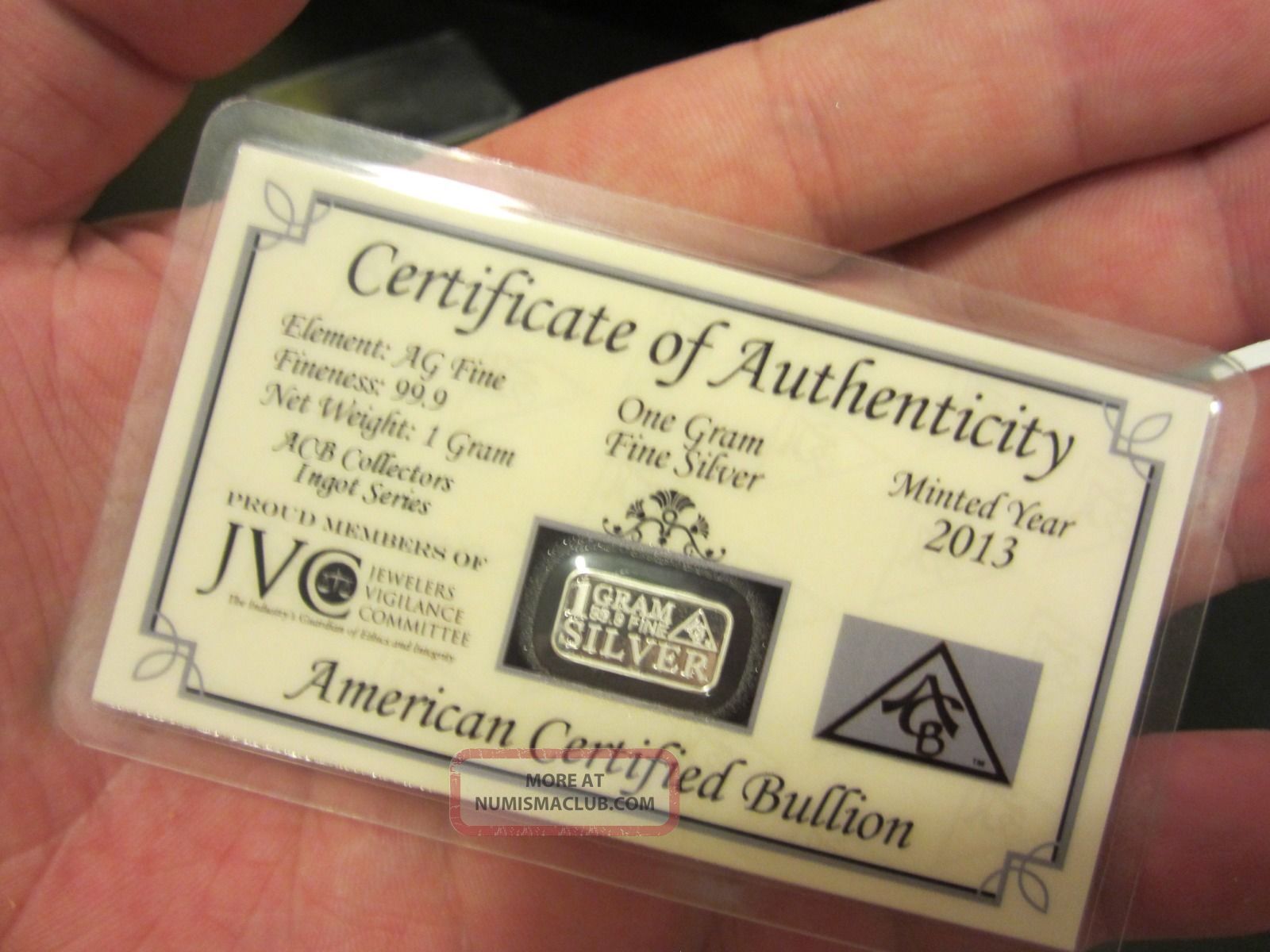 American Certified Bullion 1 Gram Pure Silver 999 Bar W Certificate Pamp