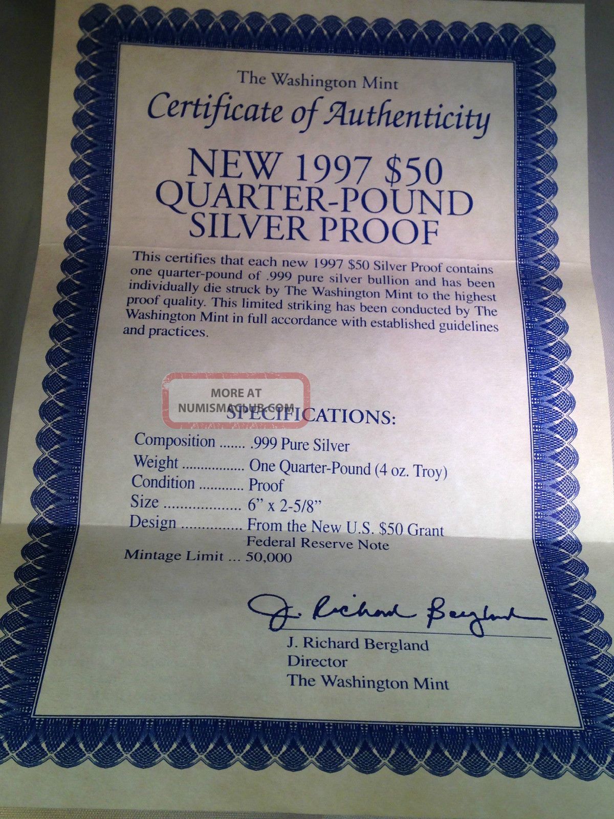 1997 $50 Silver Proof 4 Troy Oz. 999 Fine Silver