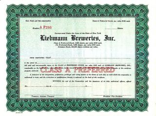 Liebman Breweries Inc Ny 19 - - Stock Certificate photo