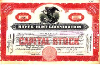Hayes - Hunt Corporation 1923 Stock Certificate photo
