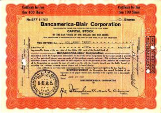 Bancamerica - Blair Corporation Ny 1937 Stock Certificate photo