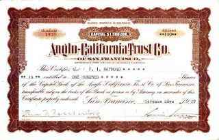 Anglo - California Trust Co Ca 1927 Stock Certificate photo