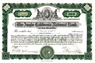 Anglo - California National Bank Ca 1943 Stock Certificate photo