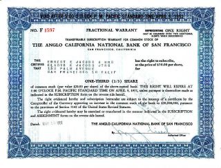 Anglo California Nat ' L Bank Of San Francisco 1951 Stock Warrant Certificate photo