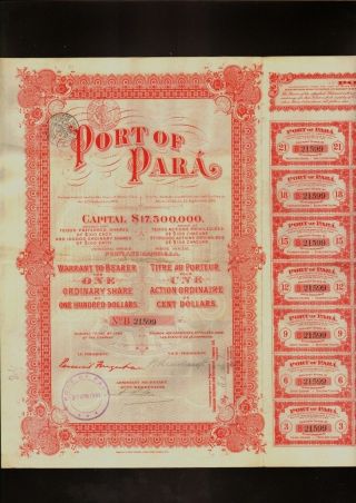 Brazil : Port Of Para 1906 With Uncancelled Dividend Coupons + 1 Talon photo