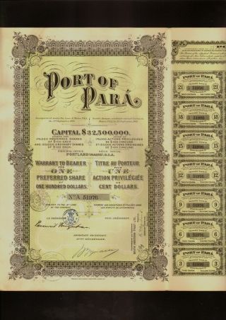 Brazil : Port Of Para Usdoll 100 1906 With Uncancelled Dividend Coupons+ 1 Talon photo