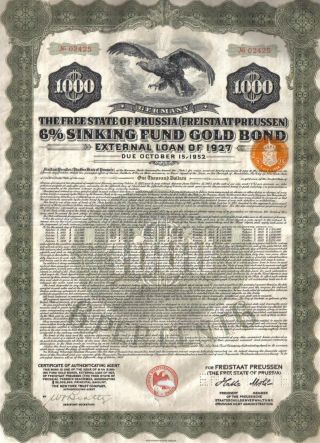 Germany External 6% Sinking Fund Gold Bond Loan 1927 State Prussia $1000 Coupons photo