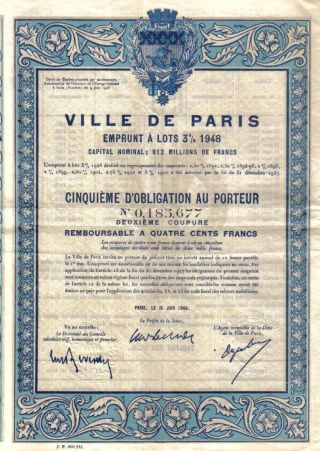 France Bond Loan 1948 City Ville De Paris 3% Uncancelled 400 Francs Deco Coupon photo
