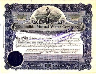 Escondido Mutual Water Company Ca 1927 Stock Certificate photo