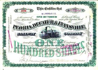 Peoria,  Decatur & Evansville Railway Company 1887 Stock Certificate photo